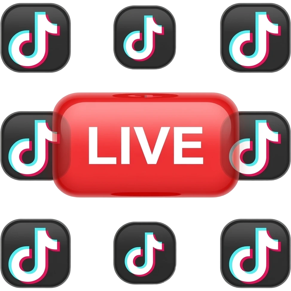 A rectangular 3D red "LIVE" button with irregularly arranged TikTok logos around it. emoji