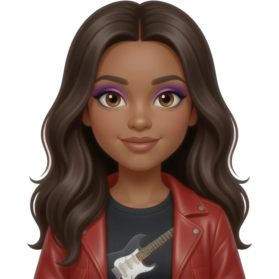 Hazelnut eyes A black girl smoky eye make up magenta, hair, long hair, black top with guitar on it and leather red sweater emoji