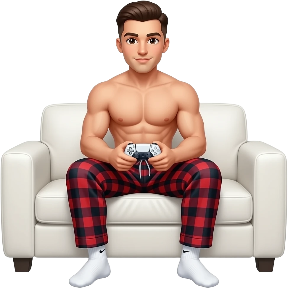 black skin color 22 year old man with a brown low taper fade holding a white ps5 controller wearing no shirt just abs with big muscles and plaid red and black pajama pants with white nike socks sitting on a rich white couch emoji