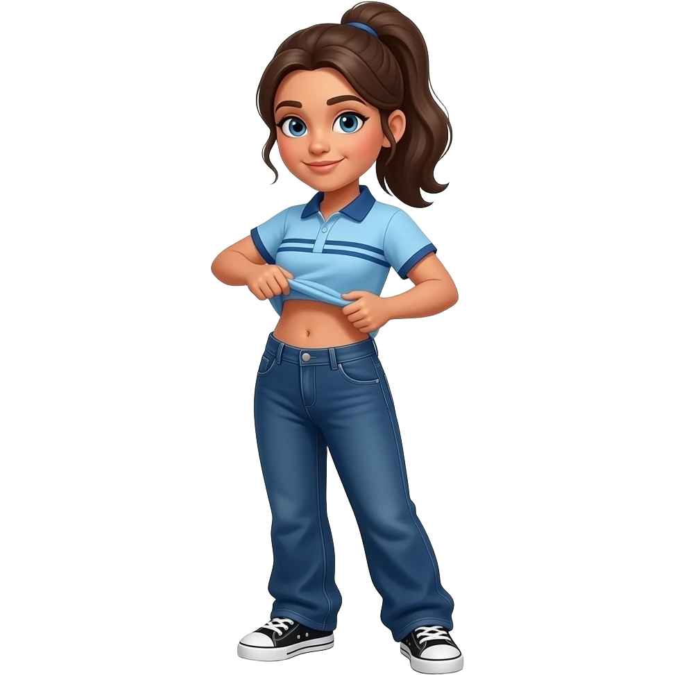 Hispanic girl with brown ponytail and blue eyes light blue dark blue lined polo and dark blue baggy jeans and belly button and black and white sneakers lifting her shirt funny belly trick emoji