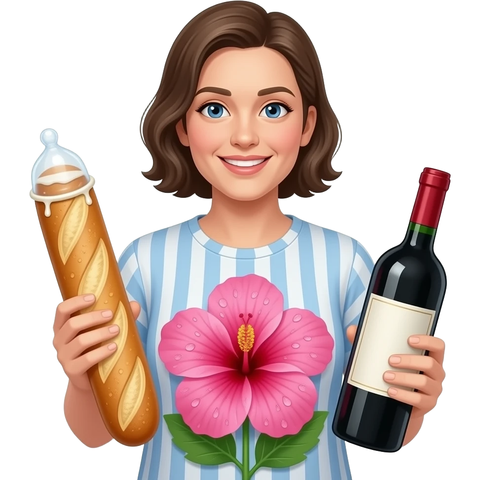 Baguette avec un preservatif sur le haut de la tete et une bouteille de vin dans la main. L'autre main a l'index et le majeur tendus et collés touchant le centre d'un hibiscus qui a beaucoup de gouttes d'eau sur les petales. Il y a un liquide blanc dans le preservatif emoji