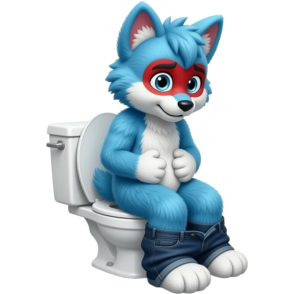 blue fursuit sitting on toilet, pants down, side view , hands on stomach, uncomfortable, red face emoji