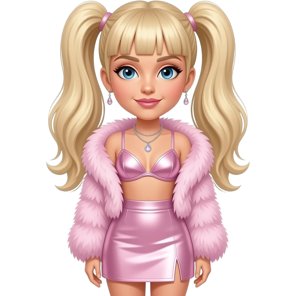Emma Bunton from Spice Girls with blue eyes, long blonde two high ponytail bang hair, pink fur shawl, light pink metallic bra, light pink metallic short skirt, necklace and earrings emoji