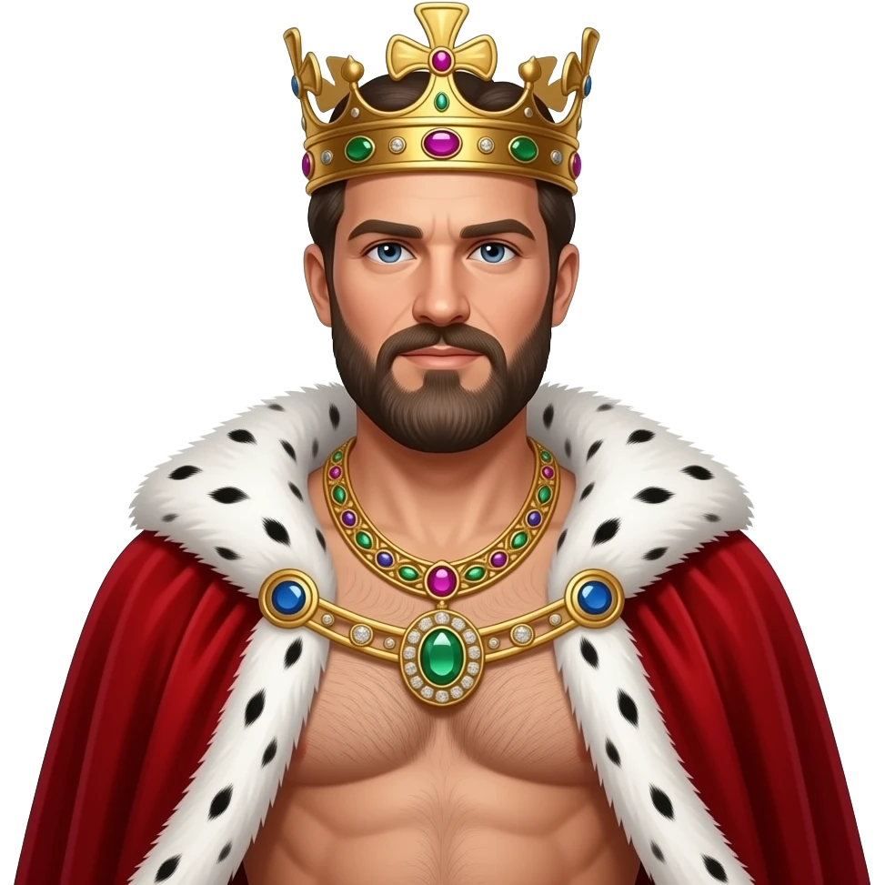 Erstelle ein Portrait von einem König und die 40 mit Bart und Krone, er trägt eine prunkvolle Goldkette mit Edelsteinen um den Hals. Er hat kein Hemd an aber ein weit offenen roten samt Umhang mit weißen Pelz um seine Schulter. Unter dem Umhang sieht man seine behaarte männliche Brust und Körper emoji