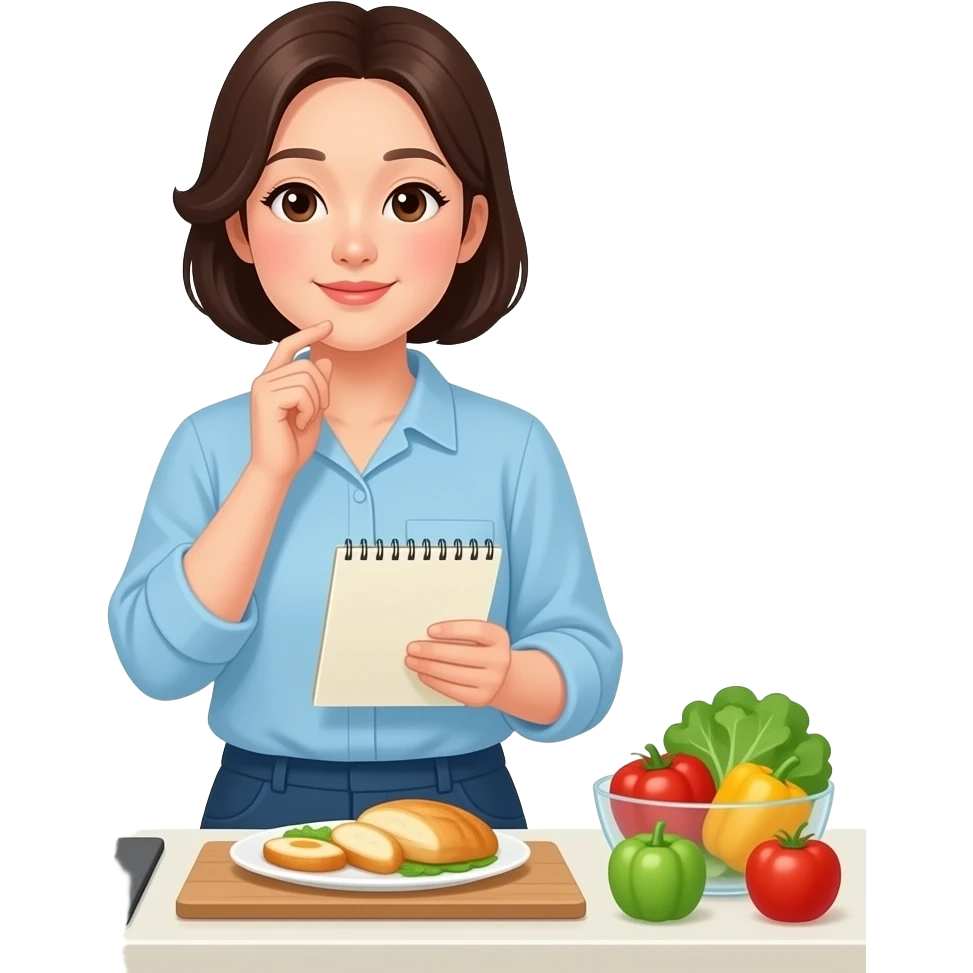 아이 밥 메뉴 고민하는 주부. 한국인. 아이없이 주부만 emoji