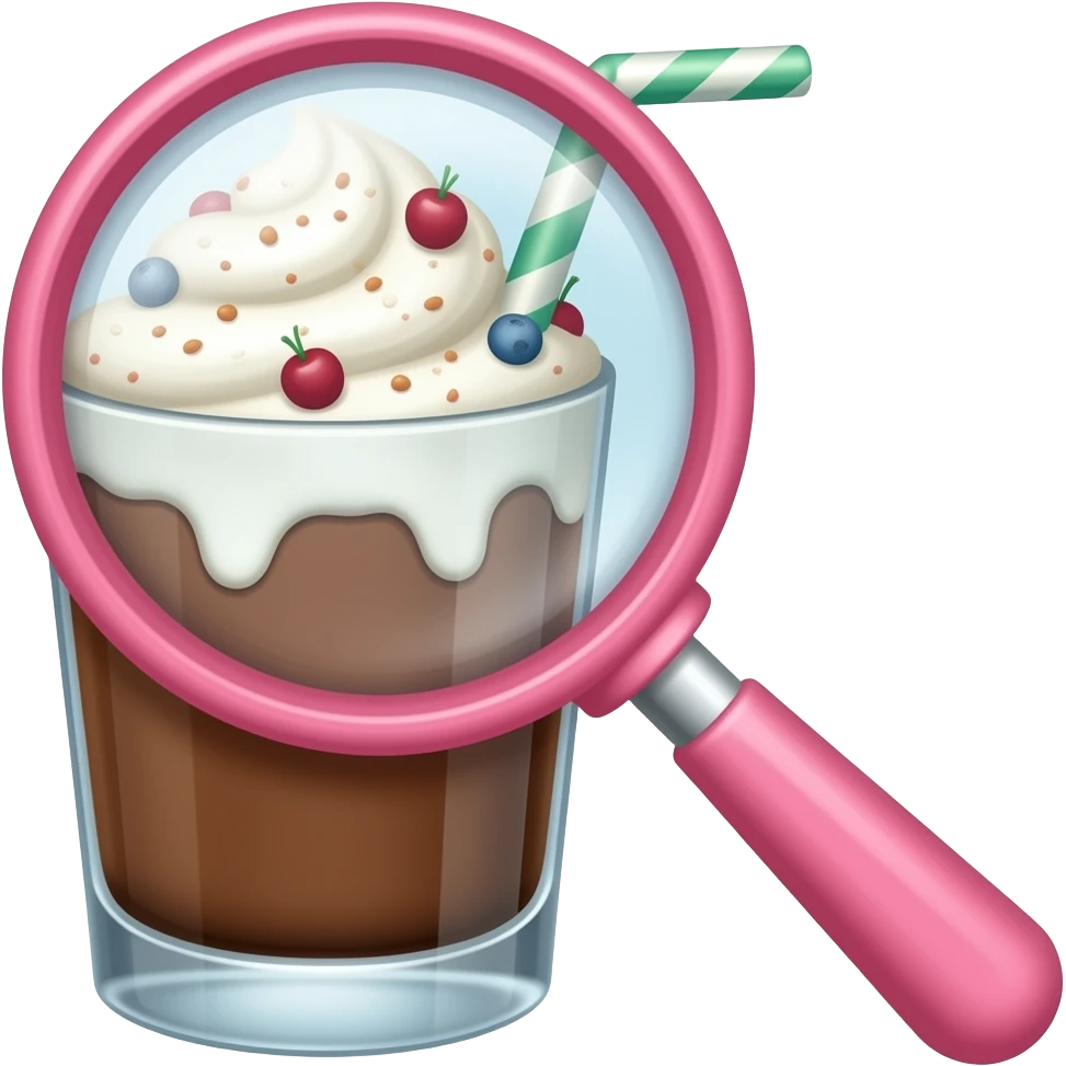 Lupa rosada viendo un vaso de chocolate y crema blanca  y frutas emoji
