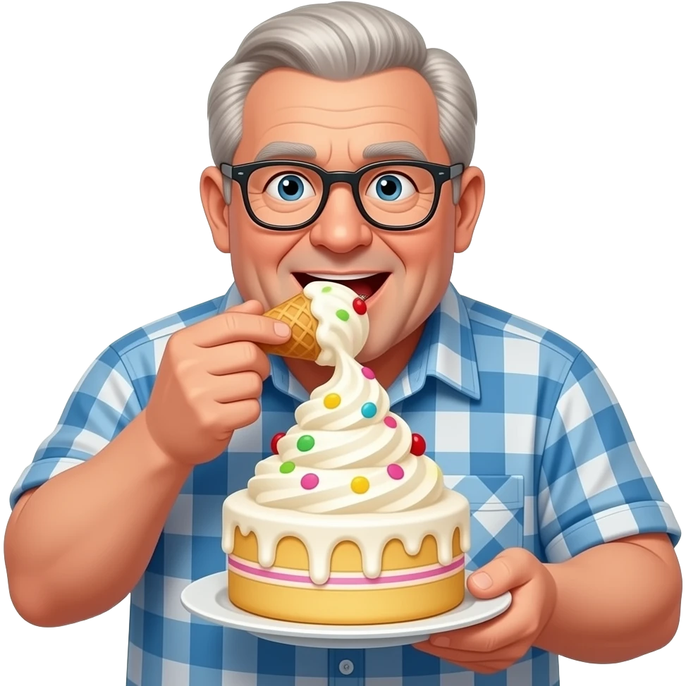 Fat older man wirh blonde grayish hair wearing glasses eating a huge ice cream cake emoji