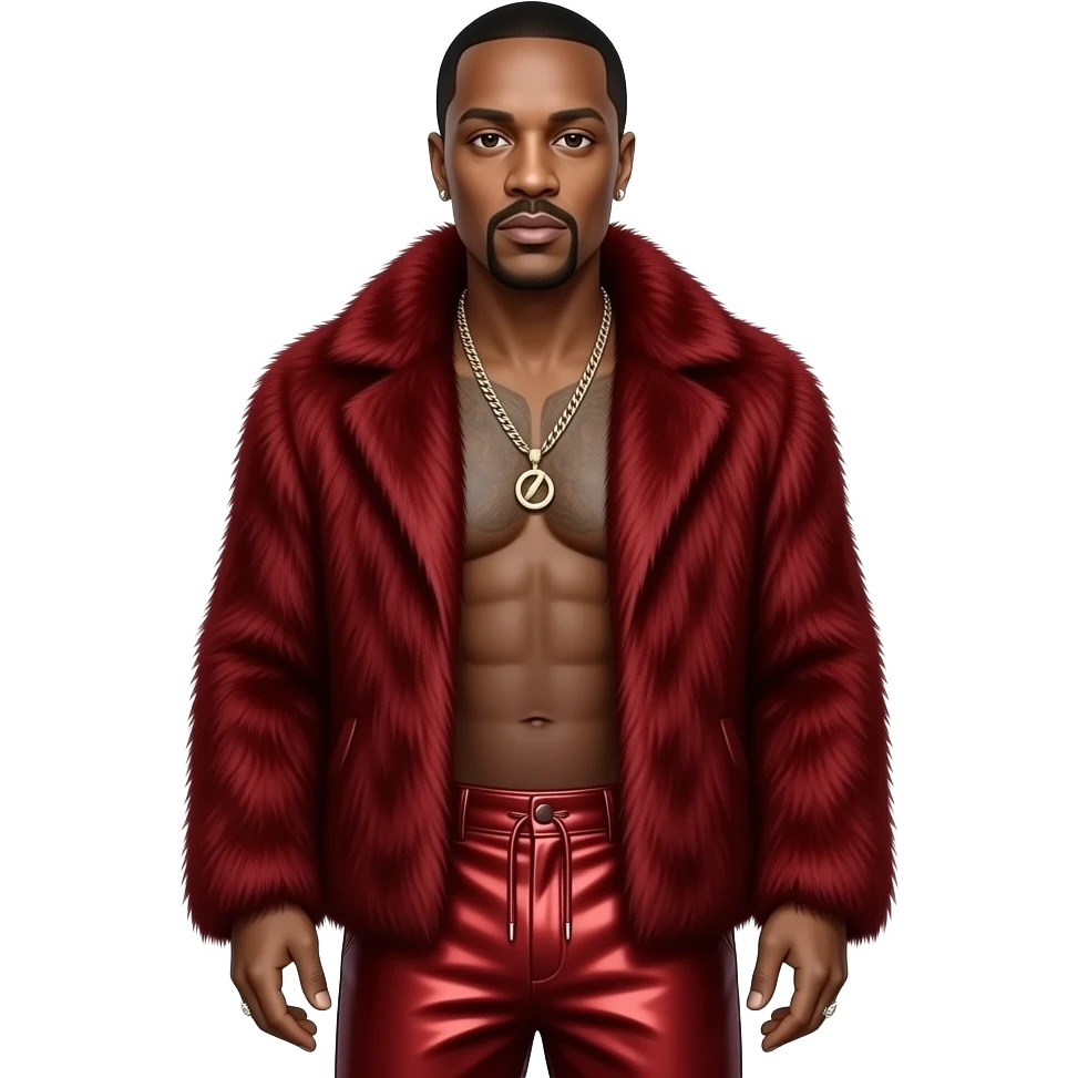 P. Diddy with brown eyes, black buzz cut hair, crimson fur shawl, crimson metallic baggy pants, shirtless with necklace and earrings emoji