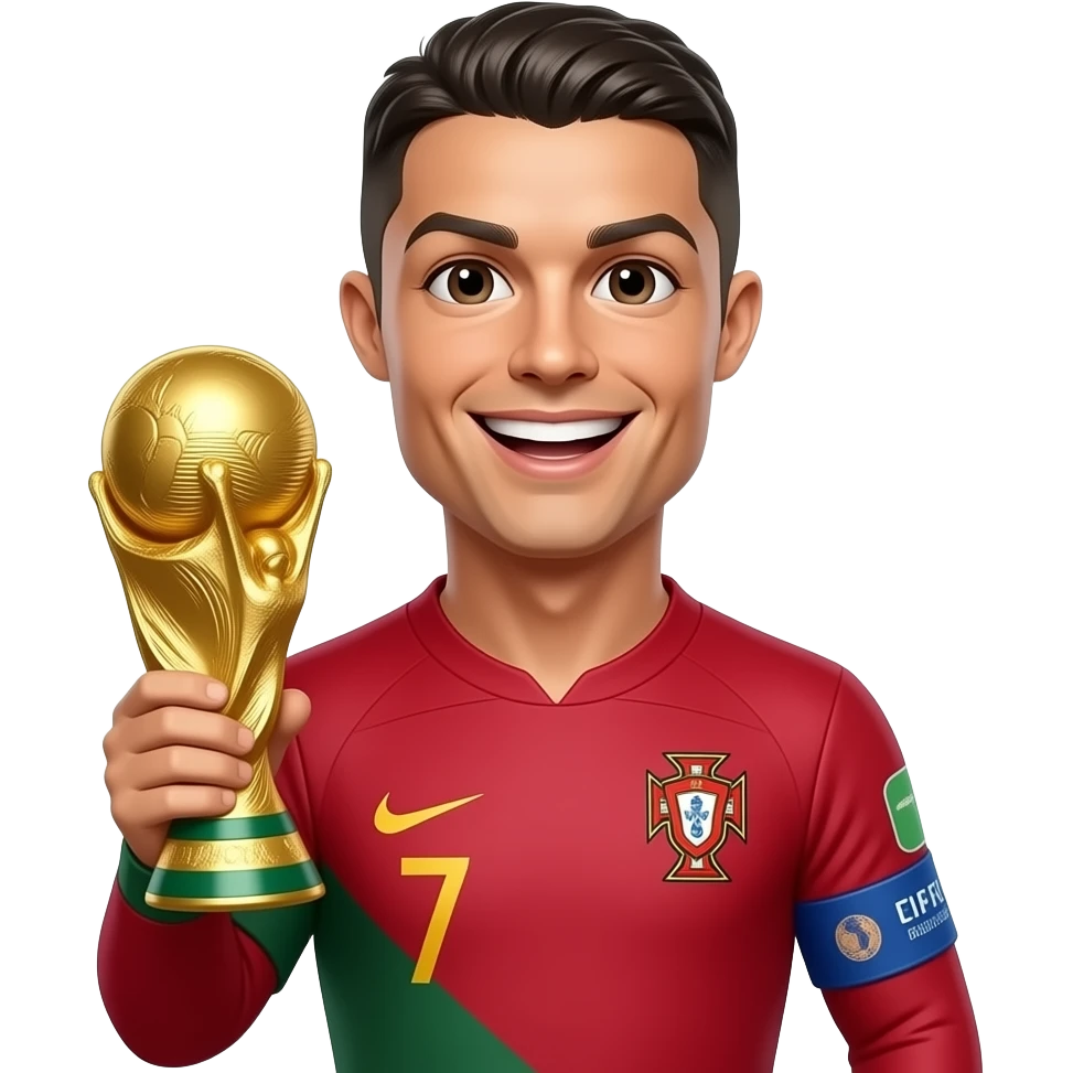 Cute man Cristiano Ronaldo, wearing Portugal national team jersey, holding the FIFA World Cup trophy, big happy smile, glossy 3D emoji sticker, kawaii style, white outline, transparent background, ultra detailed, high quality. emoji