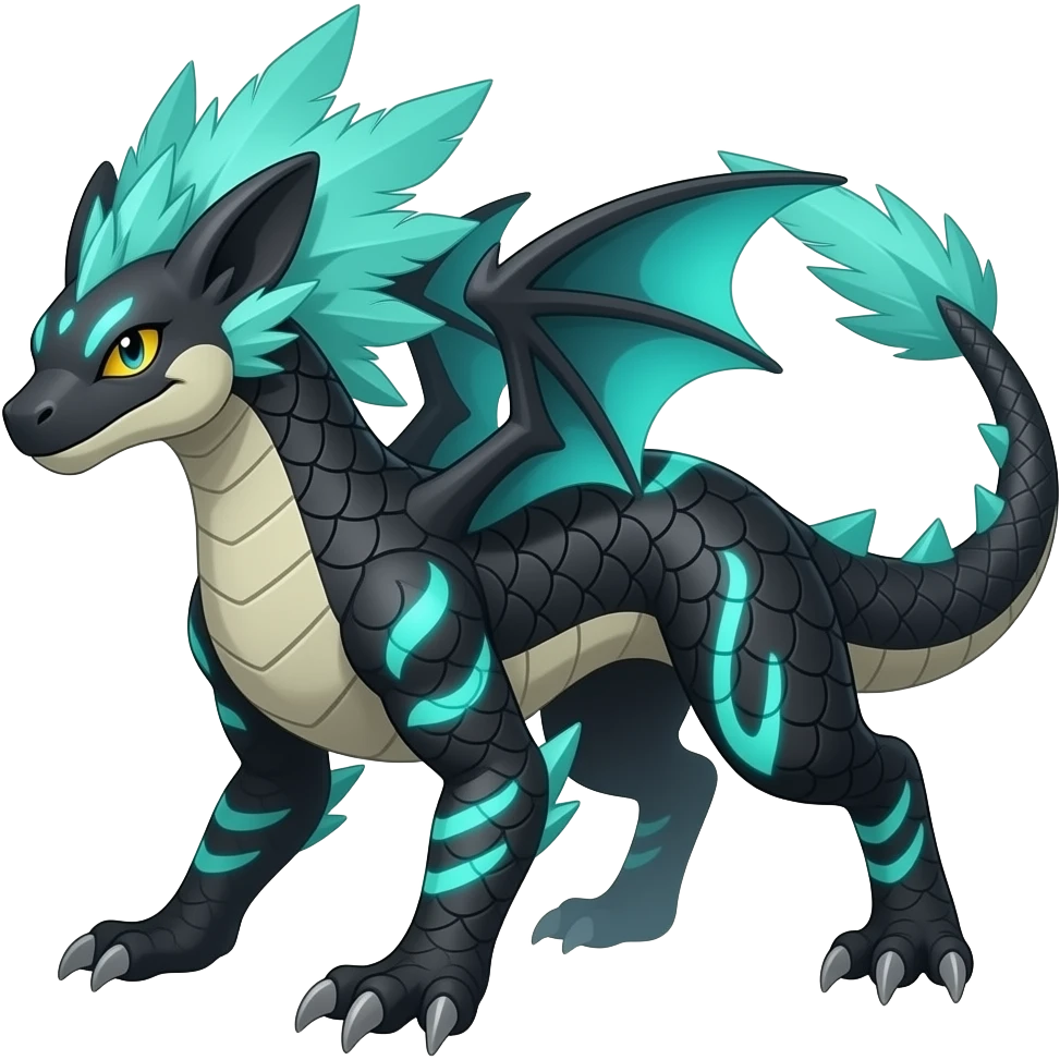 Cool edgy ancient black-scaled with neon-turquoise stripe markings digitigrade bipedal vintage futuristic raptorik fantasy-Cyberpunk-Steampunk-Solarpunk-Genesect-Salamence-Cyclizar-Salazzle-Feraligatr-Fakémon-animal-hybrid, with neon feather-mane, and a tail blade, back spikes, full body emoji