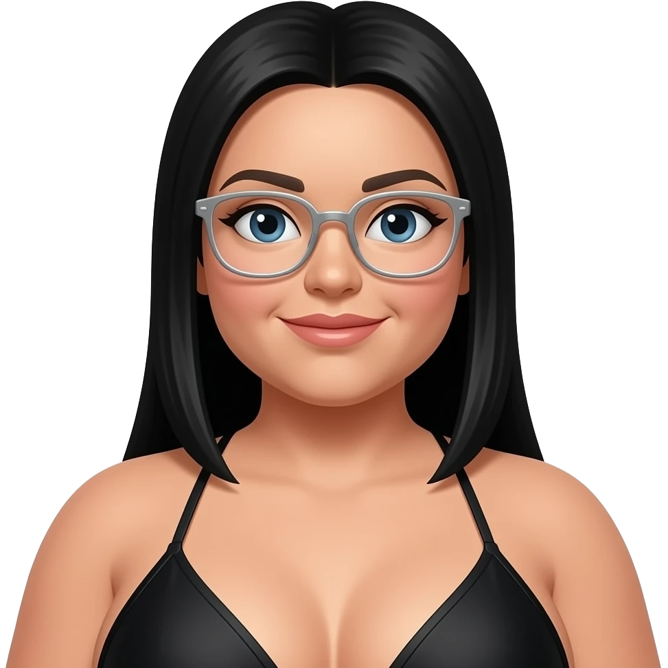 chubby woman with long stright black hair, silver  thin framed glasses, black bikini emoji