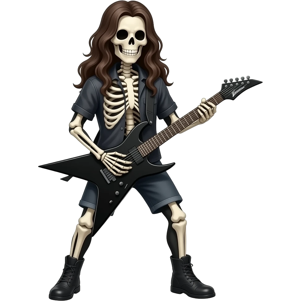 A full body long haired skeleton playing a heavy metal guitar emoji