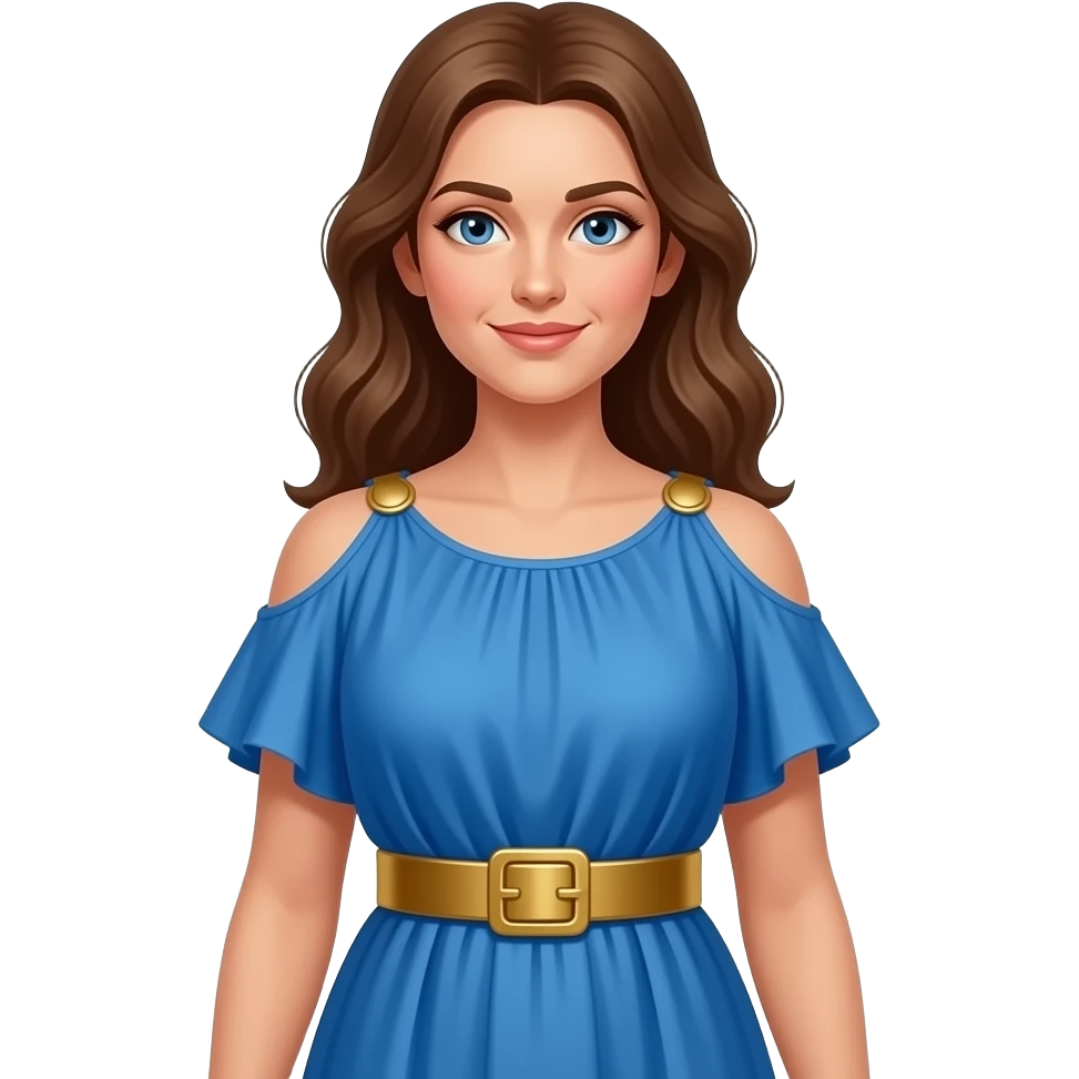 White female greek godess with ocean blue dress that covers both shoulders and tie the dress at the waist with a golden wide belt emoji