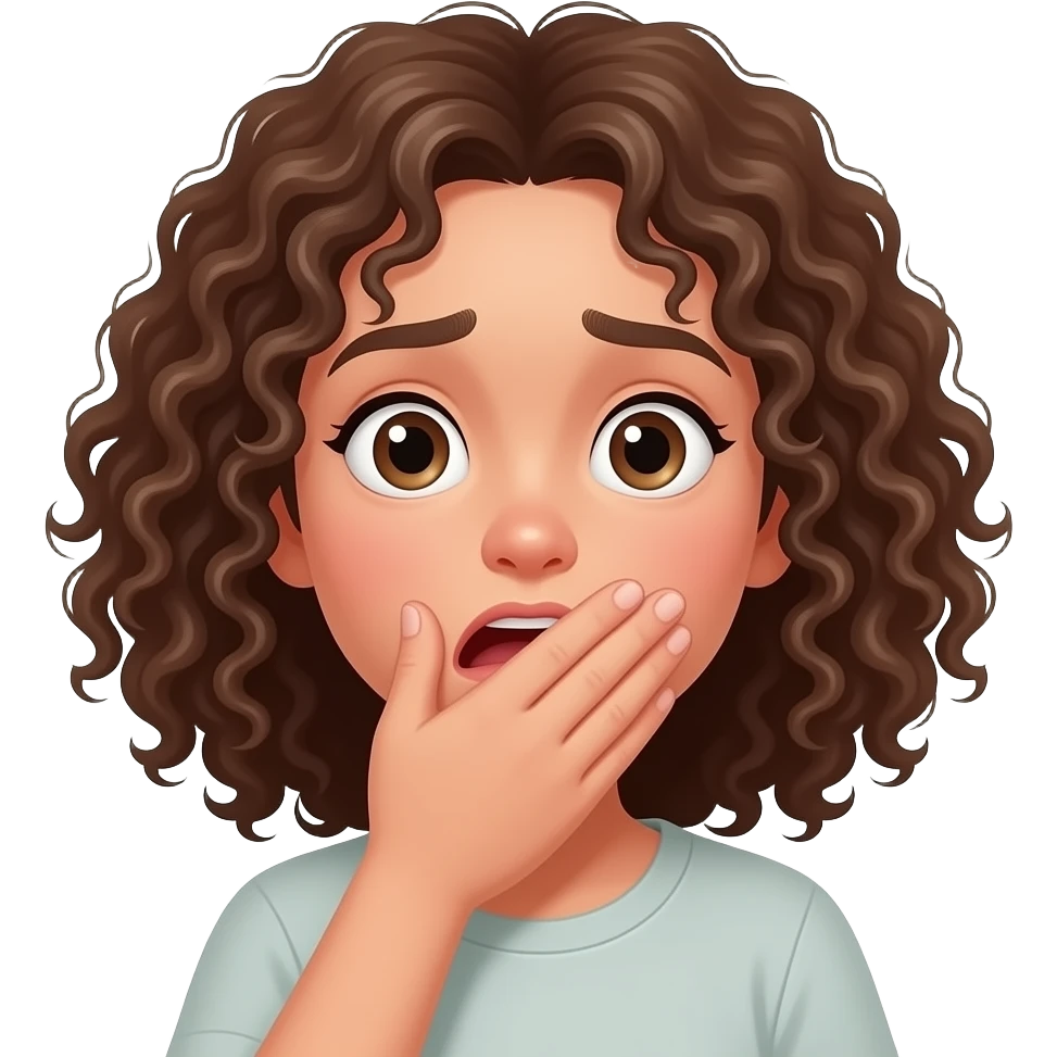emoji de una chica con el pelo rizado de piel clara tapandose la boca con la mano y cara de susto emoji
