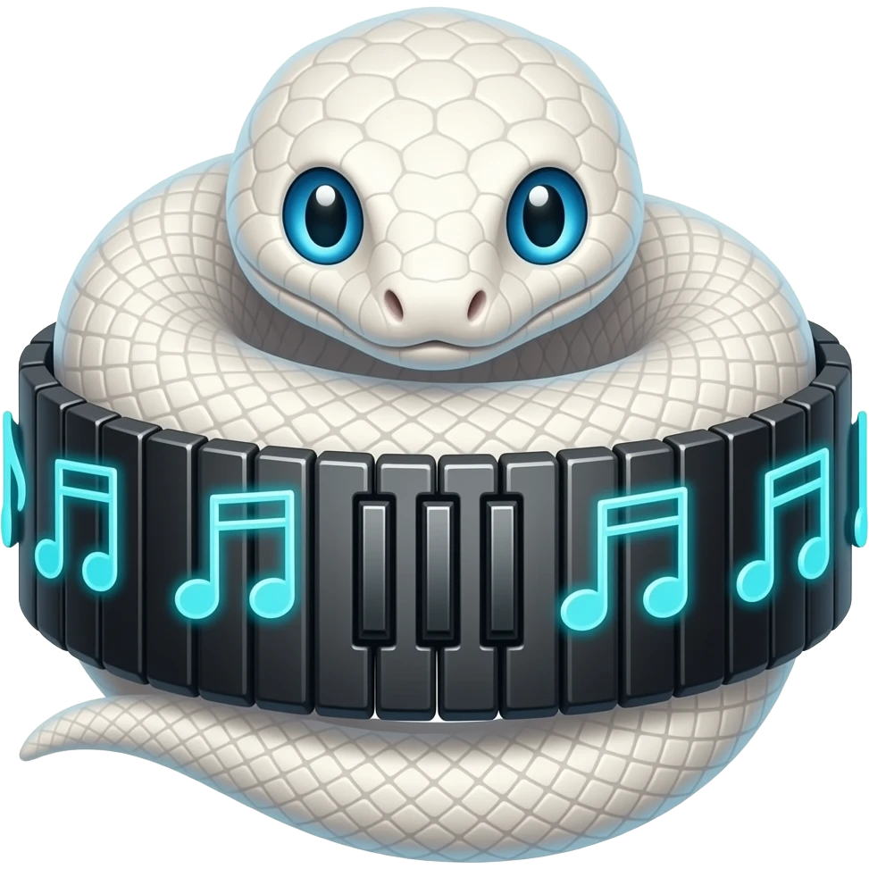 albino boa constrictor wrapped around futuristic tubular musical keyboards emoji