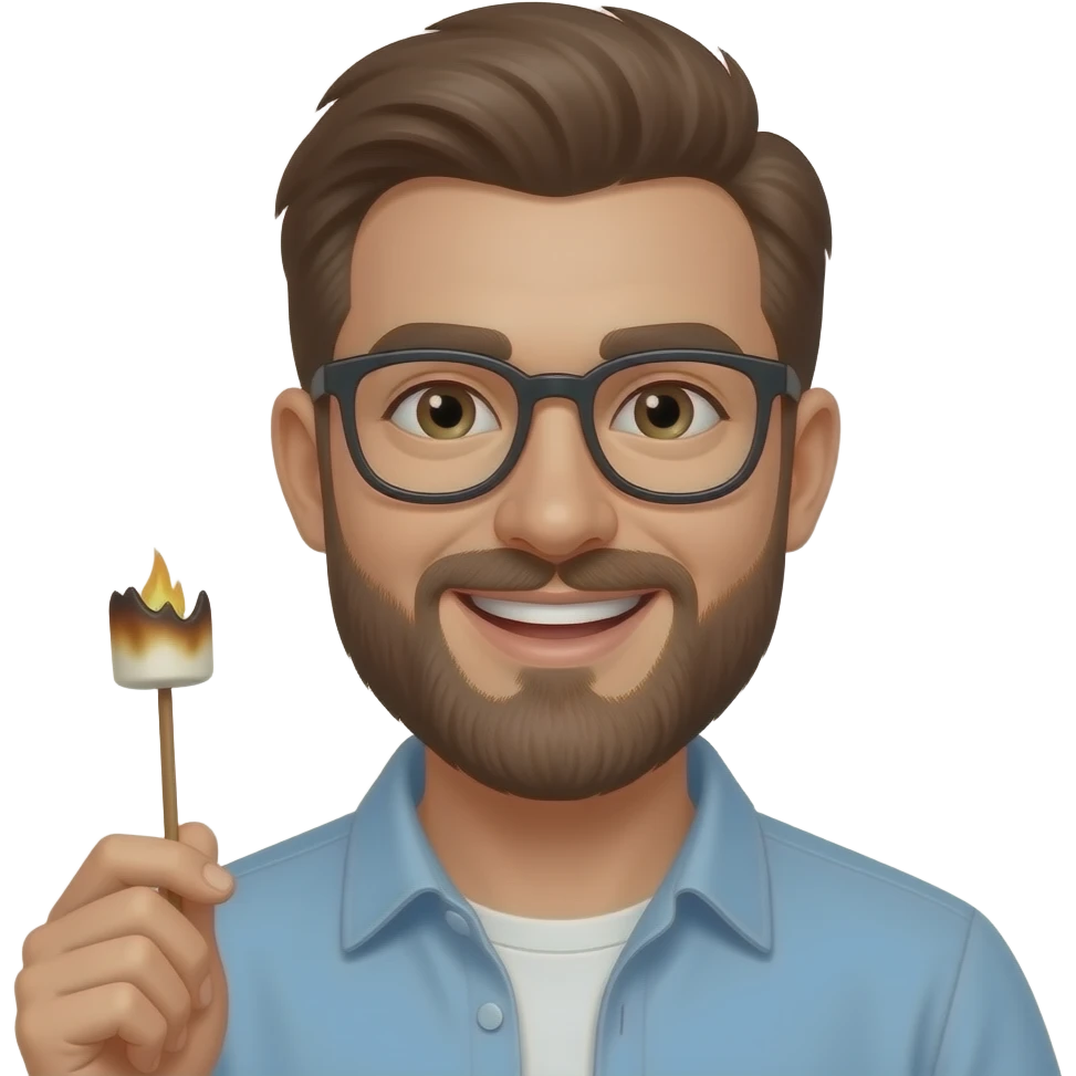 smiling burning marshamallow with a brown beard and glasses emoji