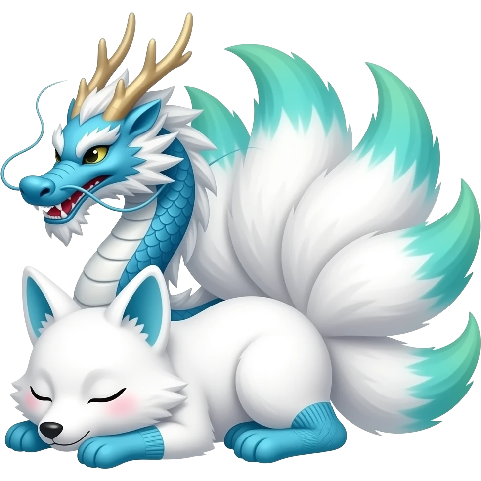 All together sleeping in the photo White Nine kitsune tail with blue green ombre tips on the tails and paws as socks. By a blue and white Chinese dragon emoji