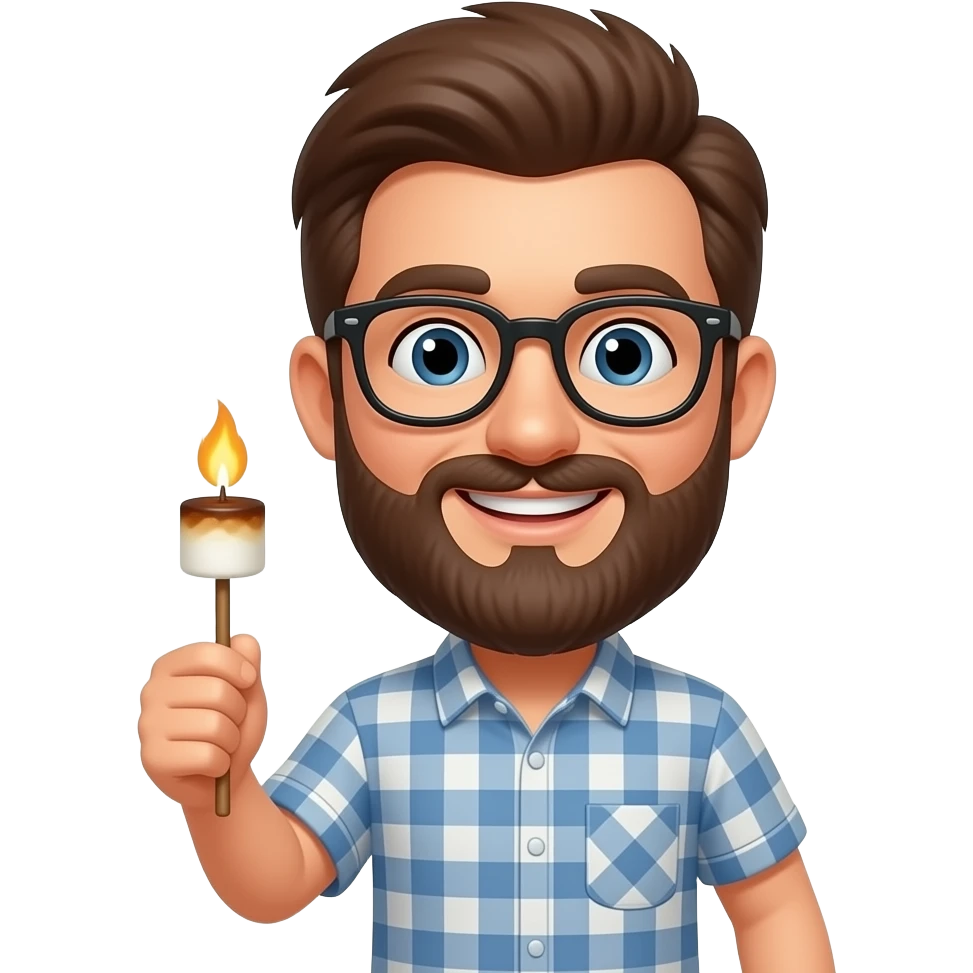 smiling buring marshamallow with a brown beard and glasses emoji