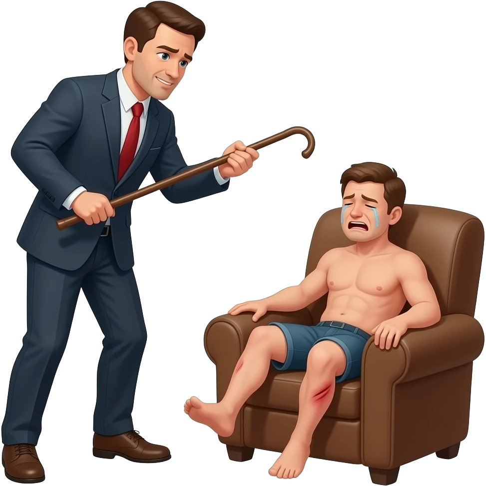 A clothed man with a thin cane beating A small, crying, naked man bending over the back of a brown armchair, with his legs kicking in the air and his red buttocks very bruised, and emoji