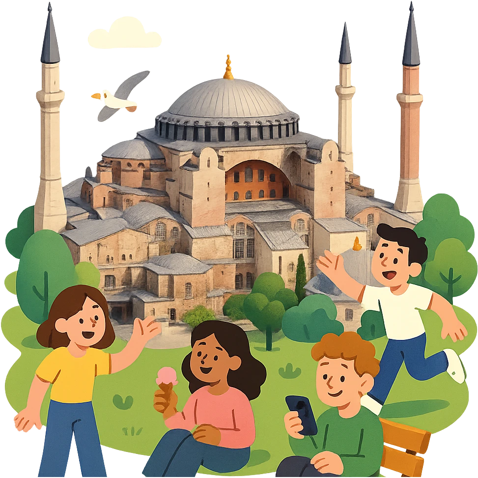 Isometric illustration of Istanbul, featuring real photorealistic Hagia Sophia with ts large central dome and four tall minarets, with real transparent background emoji