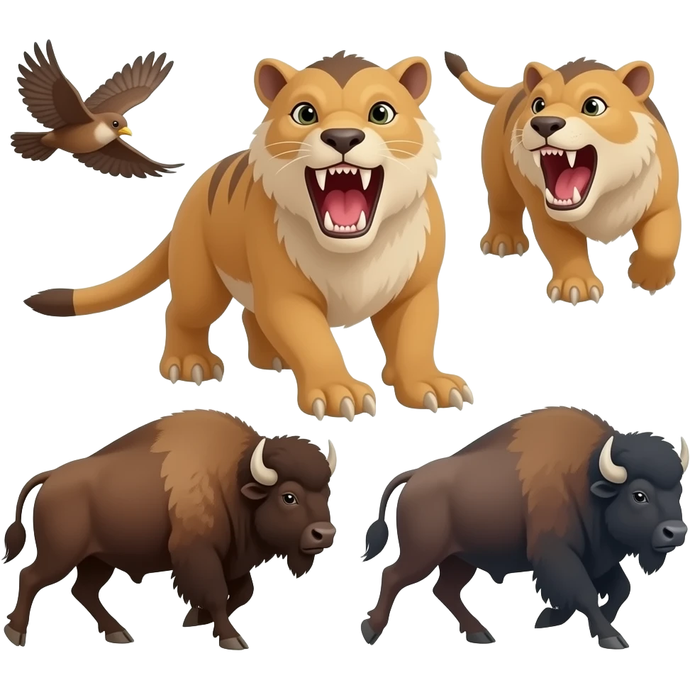 My name is smilodon roaring birds and bison running emoji