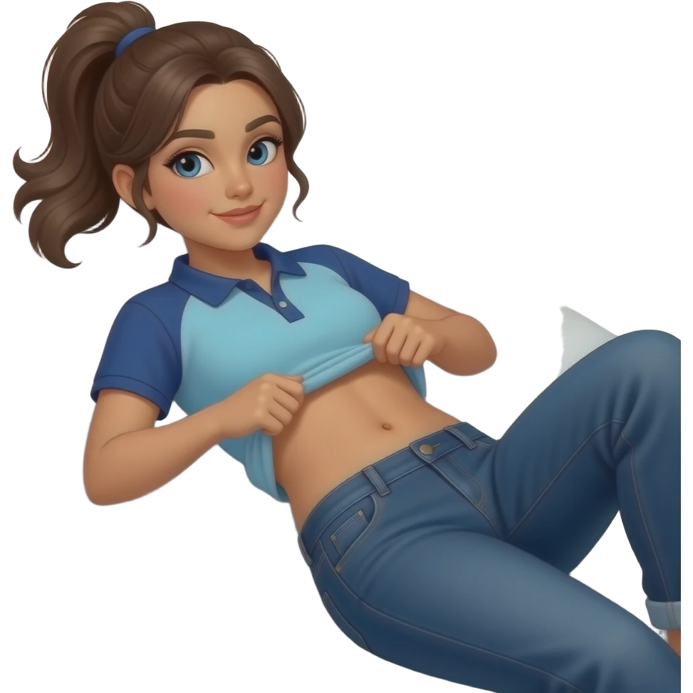 Hispanic girl with brown ponytail and blue eyes light blue and dark blue polo and dark blue baggy jeans and belly button laying down on her pillow on her bed lifting her shirt belly rolling emoji