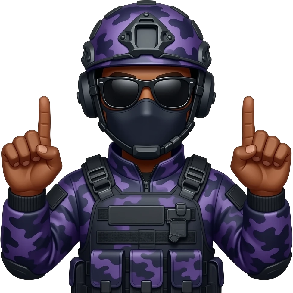 Black Man in large black sungoggles dark purple camoflage tactical gear helmet mask with 2 middle fingers sticking up emoji