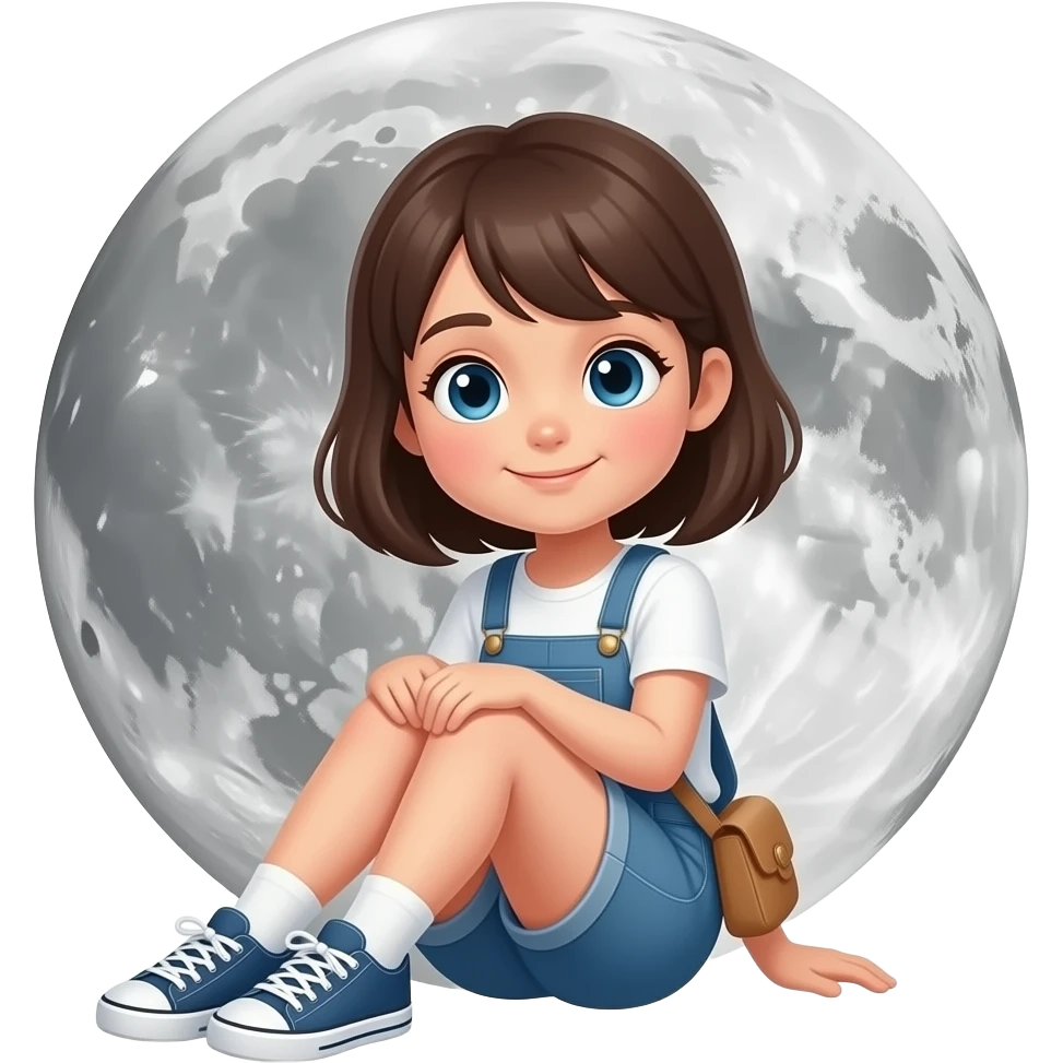 A girl is sitting near the moon emoji