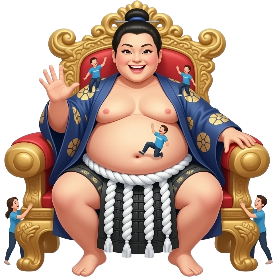 A female sumo warrior rests on a throne bench,with a cutely playful gesture she hangs out her overstuffed obese exposed belly,so the tiny volunteer admirers can use the girl’s vulnerable belly to bounce on,The female giant giggles because her bellybutton is ticklish. emoji