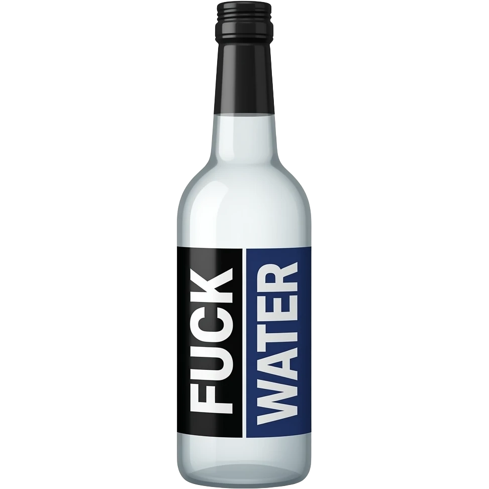 big very skinny bottle with a black cap with white liquid in it with a white and dark blue vertical label that says FUCK WATER but the fuck is white text with a black background and water is white text with a navy blue background so it’s split in half. but the label is vertical side by side emoji