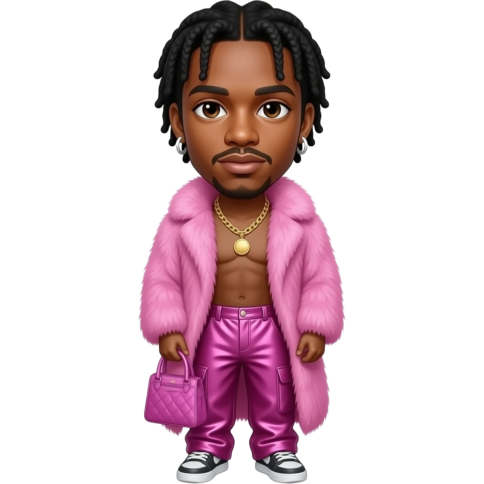 Lil Nas X with dark brown eyes, black hair, pink fur shawl, fuchsia metallic baggy pants, shirtless with necklace and earrings emoji