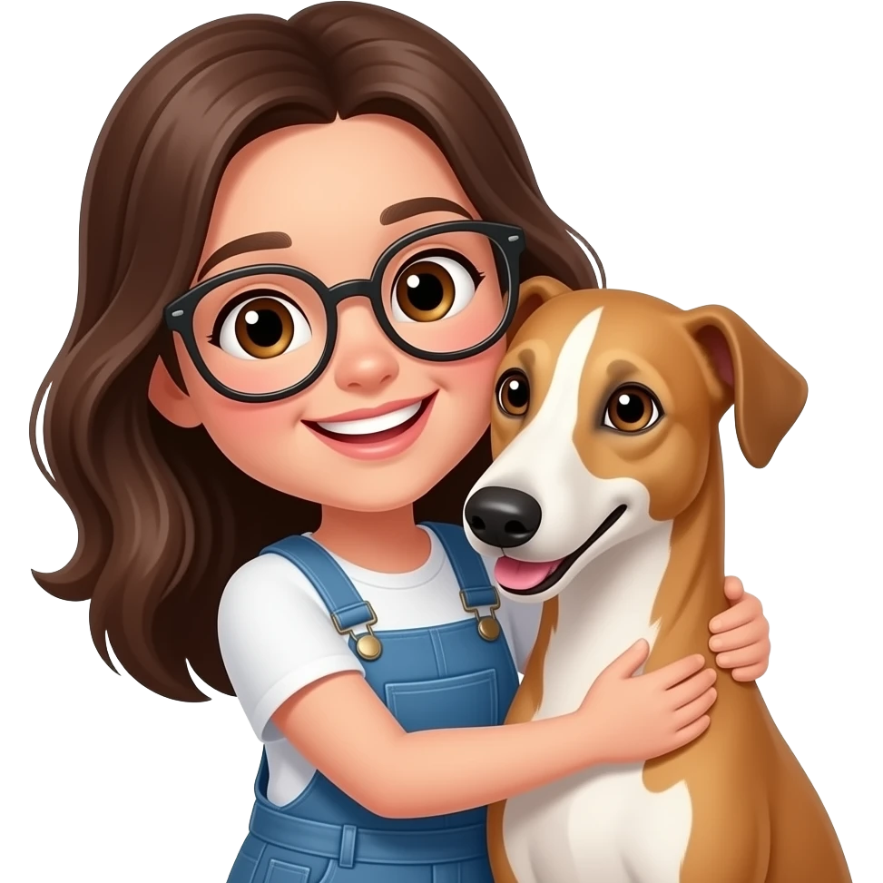 brunnete girl with big smile and glasses hugging a cinnamon color greyhound dog emoji
