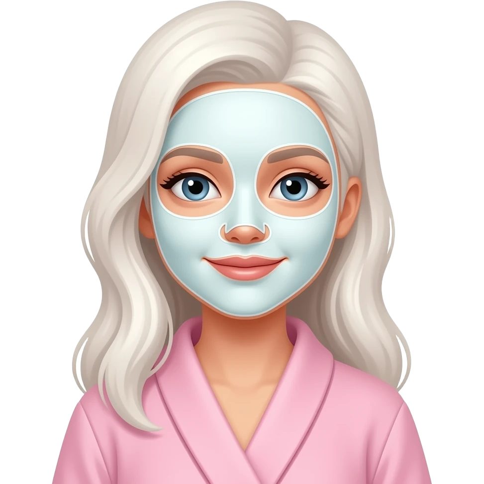 white girl white bronde hair wearing a facial care mask and wearing light pink bathrobe emoji