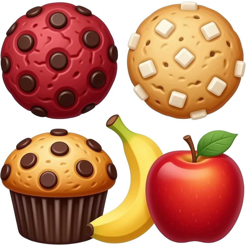 red velvet chocolate cookie, white chocolate cookies and cream cookie. banana chocolate chip muffin. banana double chocolate muffin. assorted muffin. emoji