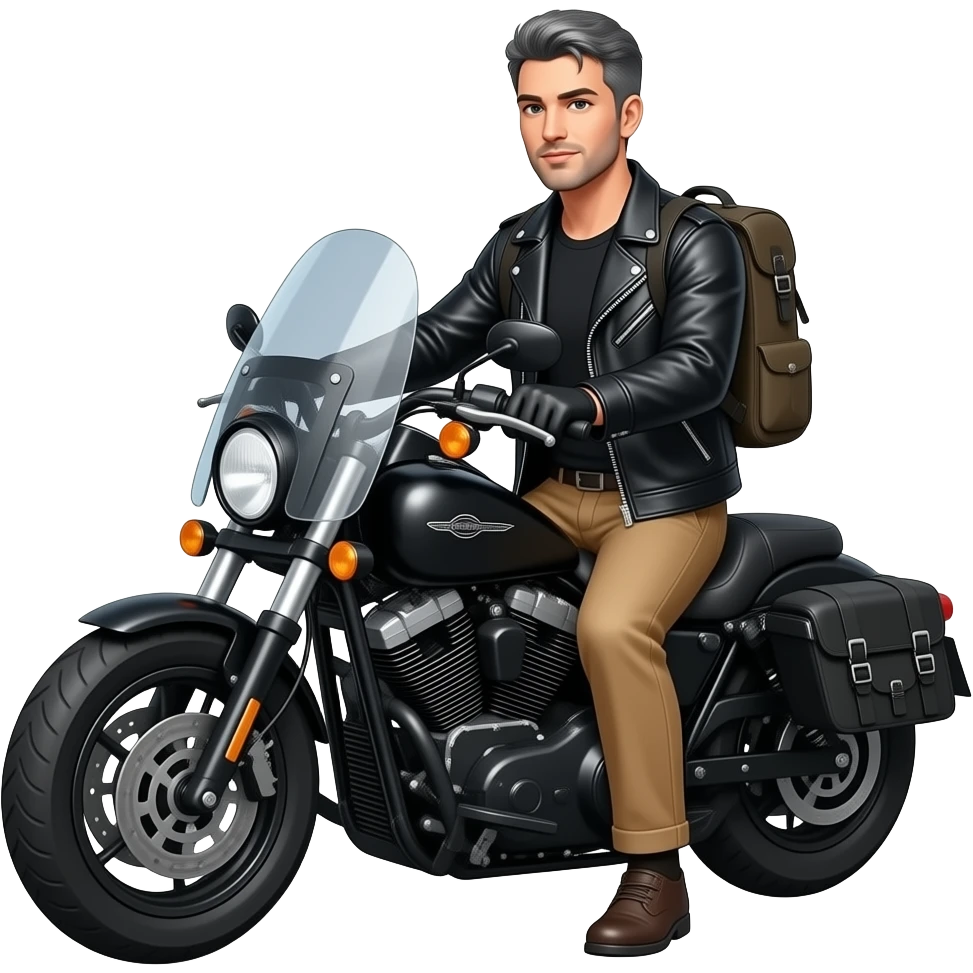 Black and gray short hair clean shaven man with no beard in black leather jacket and black shirt and tan pants riding on a harley with a windshield and saddlebags emoji