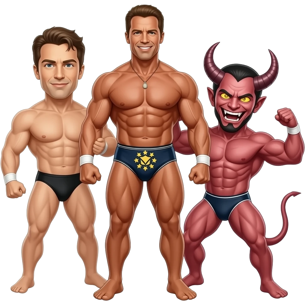 Arnold Schwarzenegger in a speedo wrestling Satan in a speedo emoji