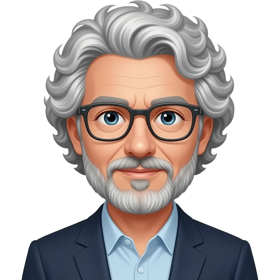 White man with curly salt and pepper hair with beard and glasses with more dark hair emoji