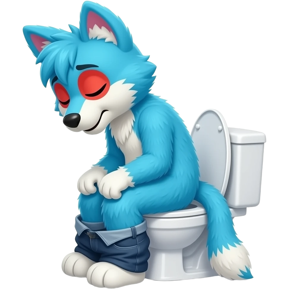 blue fursuit sitting on toilet, side view, pants down,  straining, red face, eyes close emoji