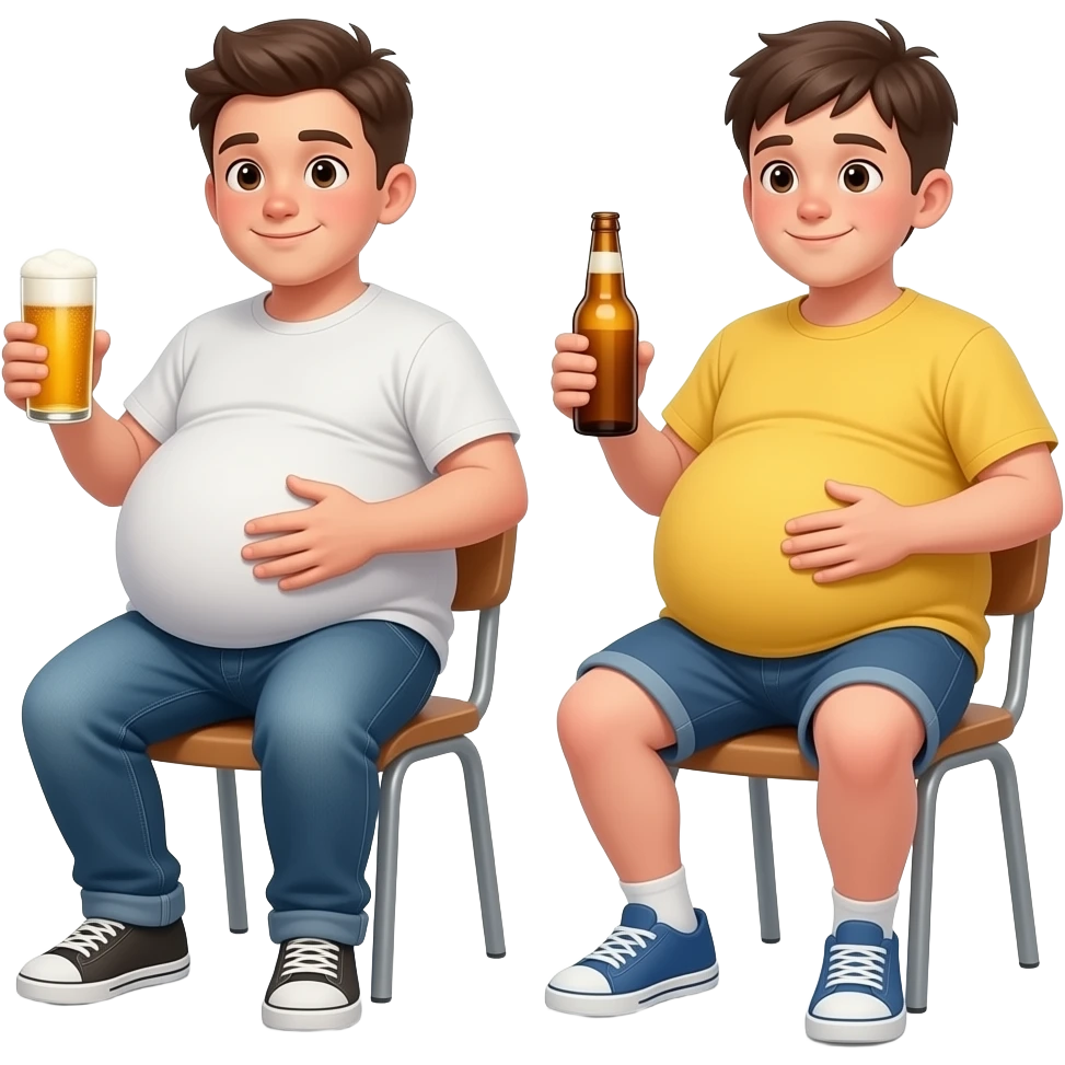 Trzy chłopaki z piwnymi brzuchami 1 krześla ma 16 lat 2 krześle ma 15 lat 3 krześle ma 14 lat ich brzuchy mają kształt jak ogromne kula 1 prześlę ma jeansy 2 krześle ma spodenki i żółtą koszulkę siedzą na krześle i rozmawiają i głaszczą swoje brzuchy i piją 🍻 emoji
