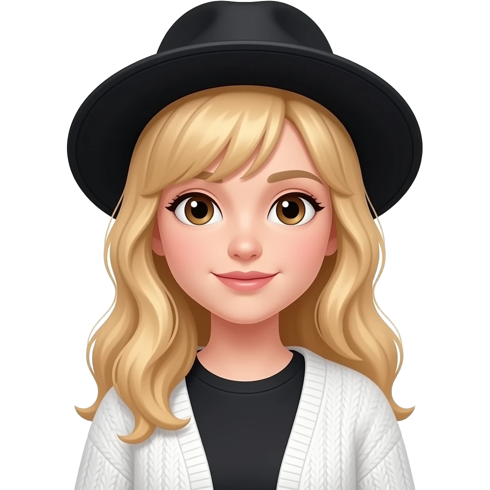 Niña de cabello rubio y sombrero negro y ojos café camiseta negra y suéter blanca emoji