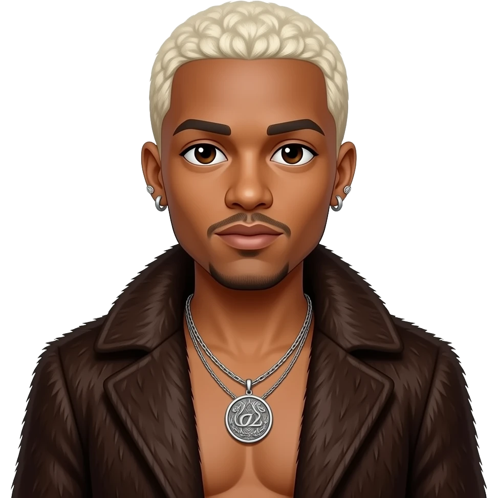 Chris Brown with dark brown eyes, platinum blonde buzz cut hair, dark brown fur coat, shirtless with necklace and earrings emoji
