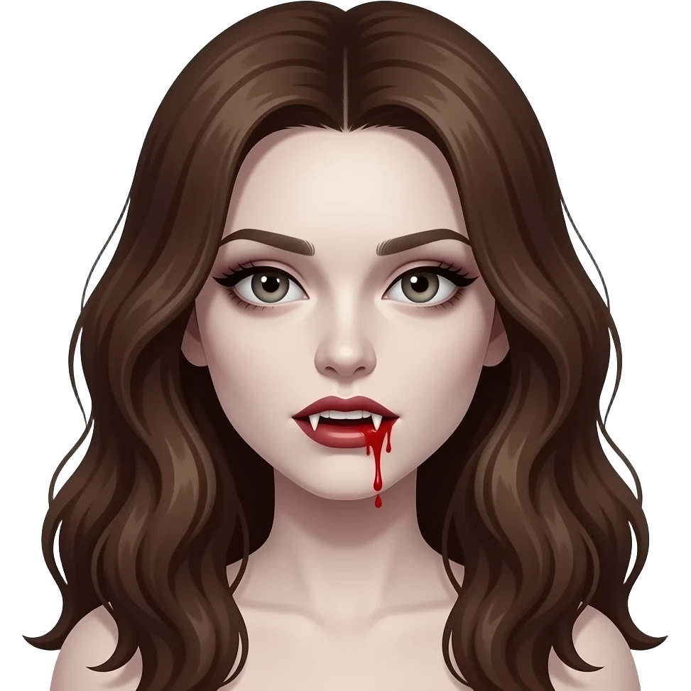 A vampire girl with long wavy brown hair, fangs, and blood dripping from her mouth and with a little blood on her face, a somewhat dark appearance with pale skin and not very pronounced dark circles under her eyes, in the style of iOS 16. emoji