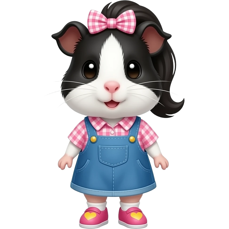 black and white guinea pig with pink gingham shirt, jean dress, pink shoes with yellow hearts and a pink gingham bow in hair emoji