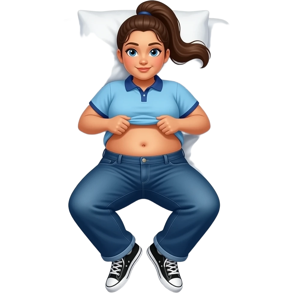 Obese Hispanic girl with brown ponytail and blue eyes light blue dark blue lined polo and dark blue baggy jeans and belly button and black and white sneakers laying down on the pillow in bed lifting shirk emoji