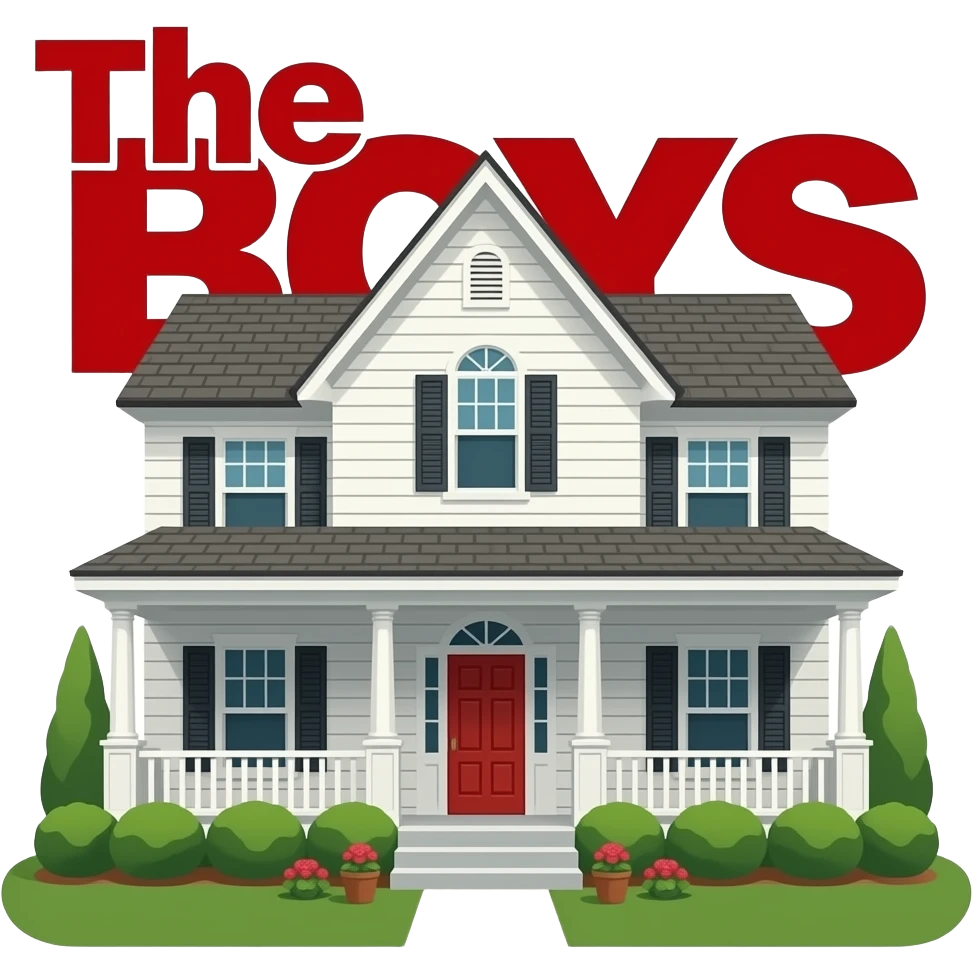 Homelander from "The Boys" in a white house with "The Boys" in red text emoji