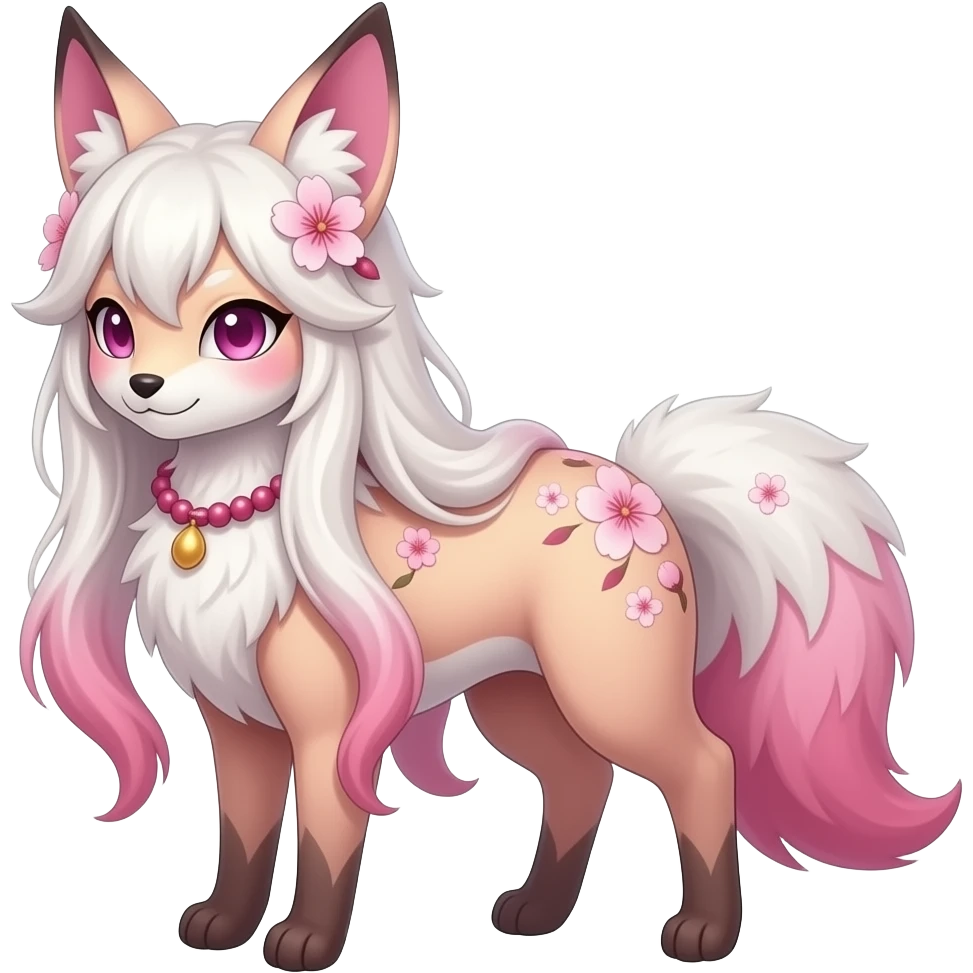 White sakura floral Fuzzy slim oriental feathery long-haired beaded mane cozy rosy aesthetic feathery Rosy beautiful Sylveon-Furret-Fennekin-Minccino-Espeon-Fakémon-hybrid emoji