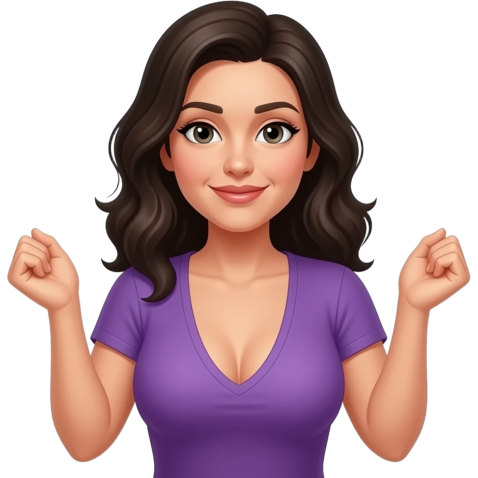 Woman shrugging with dark hair and her boobs showing wearing a purple shirt emoji
