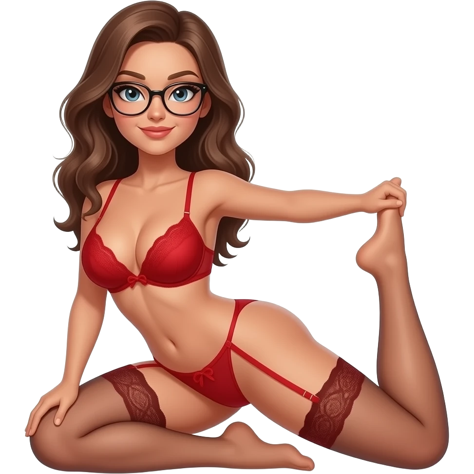 sexy, tan, nude, naked, any hair color, any eye color, glasses, big booty, big ass, PAWG, perfect body shape and figure, in a sexual pose, emphasizing on being a PAWG, huge breast with cleavage, big perfect ass, tiny waist, huge boobs and butt in yoga pose with a red lingerie emoji