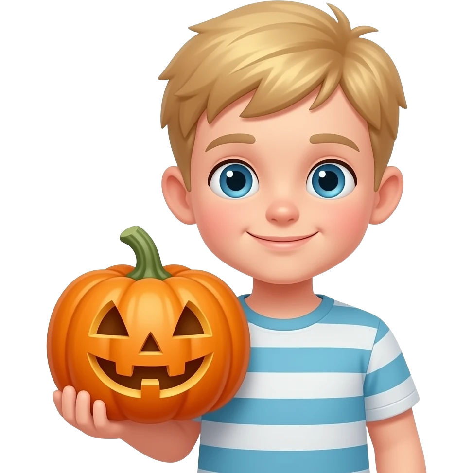 Short haired blonde boy holding cute pumkin emoji