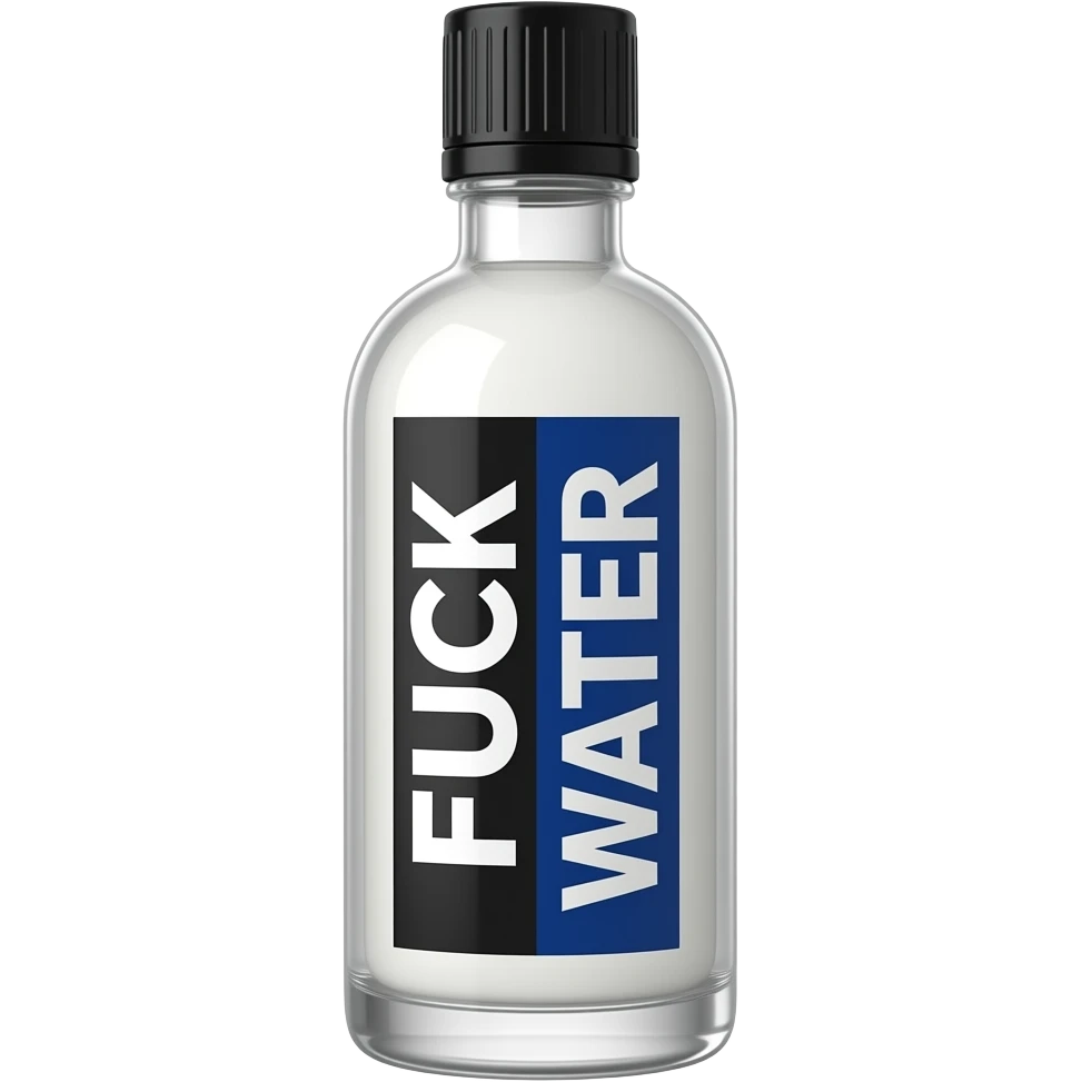 very skinny bottle with a black cap with white liquid in it with a white and dark blue vertical label that says FUCK WATER but the fuck is white text with a black background and water is white text with a navy blue background so it’s split in half. but the label is vertical side by side emoji
